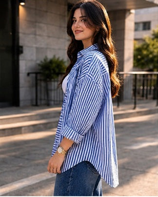 Women’s Striped Oversized Shirt | Casual Full Sleeve Button Down Shirt